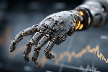 Futuristic robotic hand with metallic design and glowing components interacting with financial data chart