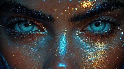 Close-up of a face with vibrant, glittery makeup