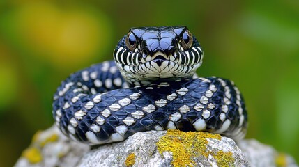 Close-up of a coiled snake on a rock.  Black and white patterned snake,  intense stare.  Natural, blurred green background