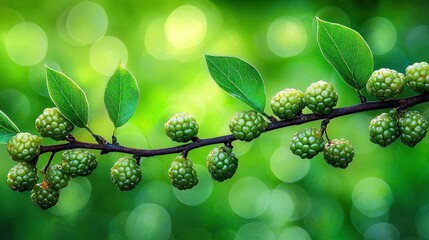 Close-up of a branch with small, vibrant green berries.  Fresh leaves on branch, bokeh background