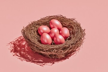 Pink eggs in a nest on pink background