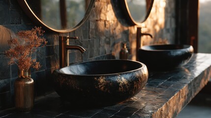 Outdoor bathroom sinks, warm light