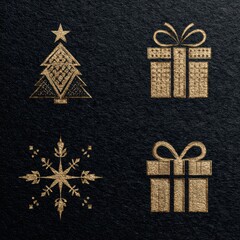 Festive gold icons of Christmas tree, presents, and snowflake on black background
