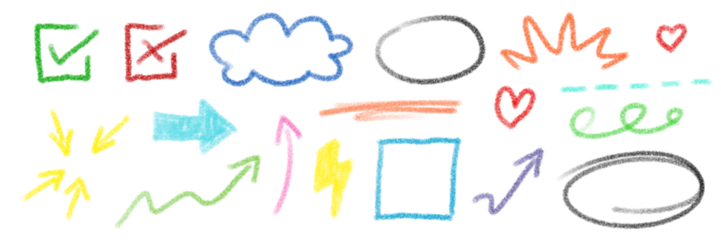 set of different hand-drawn colorful icons: arrow, circle, frame, border, icon, symbol, unterline, direction texture collection isolated on white or transparent png