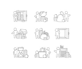 Money icons with gold coins stacks and piles in bag, wallet and chest. Cute little man with empty and full safe, golden dollar coins, purse and piggy bank, vector hand drawn illustration