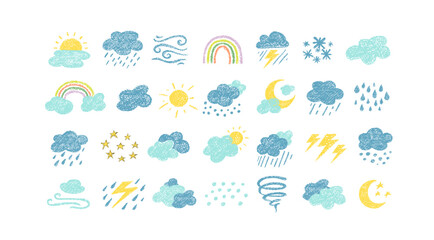 Crayon icons of weather, clouds and sun in sky. Doodle clouds with rain, lightning, snow, storm with chalk texture. Cute summer and winter weather icons drawn with crayon pencils, vector illustration