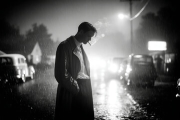 Man in trench coat smoking cigarette in pouring rain on a dark street at night, with vintage cars and glowing headlights in black and white