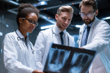 Black female physician and two male doctors examining patient X-ray in a modern medical facility