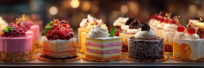 Delightful selection of colorful desserts displayed in a bakery near sunset