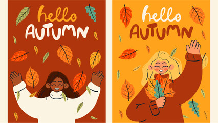 Hello autumn doodle card set. Woman holding a bouquet of autumn leaves and  holding a bouquet of autumn leaves. Isolated vector illustration.