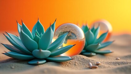 Fototapeta premium Close up of succulents and glass spheres on sand with an orange background glow