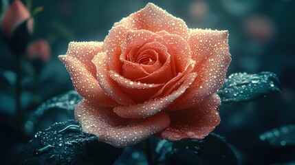 Close-up of a peach-colored rose, covered in dew drops.  Dark background