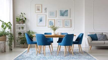 blue chairs at dining table against white wall with gallery in flat interior with plants and sofa on patterned carpet no logos no brands ar 169