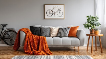 orange blanket on grey sofa in modern apartment interior with poster and wooden table real photo no logos no brands ar 169