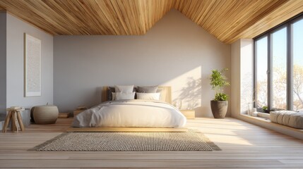 light bedroom with wooden ceiling and large bed no logos no brands ar 169