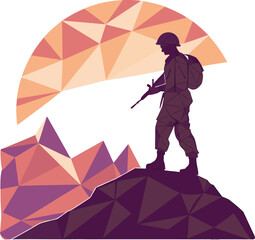 low poly illustration, soldier silhouette, polygonal mountains, tricolor sunset, white background