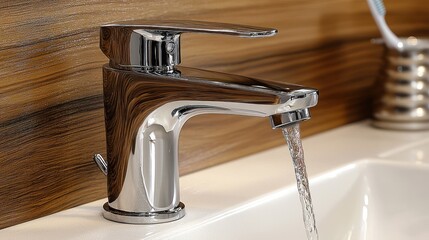Close-up of a modern chrome faucet with water flowing into a white sink set against a wooden wall