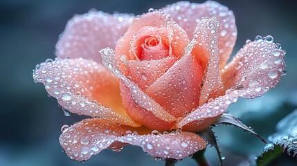 Close-up of a peach-colored rose covered in dew drops