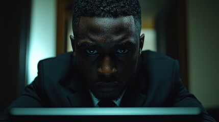 Close-up of a man in a dark suit, intense gaze, focused on a laptop
