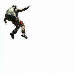 Military paratrooper in full combat gear jumping into the air, isolated on a clean white background for tactical concepts.