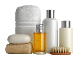 Relaxing spa essentials home bathroom product arrangement calm isolated on transparent background