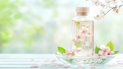 soothing body wash bottle resting in a shallow glass bowl with clear water and flower petals aesthetic wellness theme cinematic mood