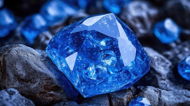 Close-up of a vibrant blue gemstone nestled among dark stones - Powered by Adobe
