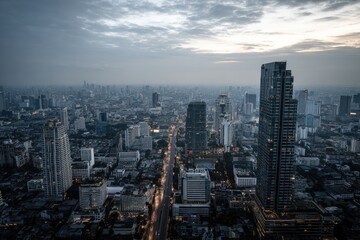 High-angle view of a sprawling city skyline at twilight.  Urban landscape, 