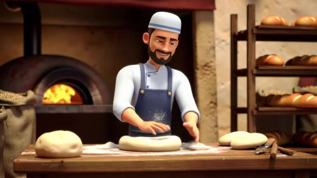 Baker Kneading Dough in Rustic Bakery 3D Animation