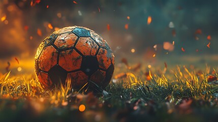 Autumn leaves near vintage soccer ball on field high resolution picture
