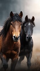 Horses running in a misty field during early morning hours, showcasing strength and beauty in nature