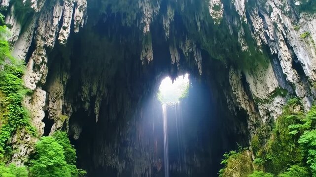 Majestic Er Wang Dong Cave with Natural Skylight and Lush Green Vegetation Video
