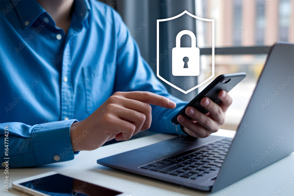 Poster user ensuring mobile security and data protection with lock shield icon on smartphone