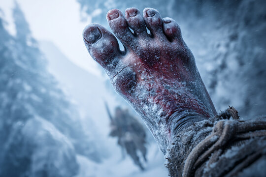 A foot with a severe frostbite condition in a snowy environment, warning of extreme cold risks.