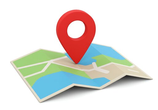 Red map pin on a folded paper map, isolated on white background - Powered by Adobe