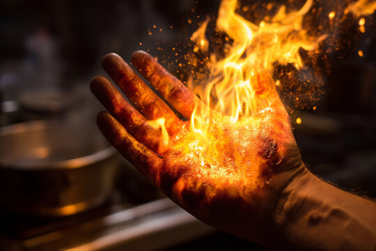 Blistering burn on a hand caused by hot oil, showcasing the need for kitchen safety measures.