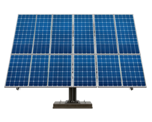 Large blue solar panel array with grid pattern mounted on metal stand, representing clean energy and sustainable technology for eco friendly power generation outdoors