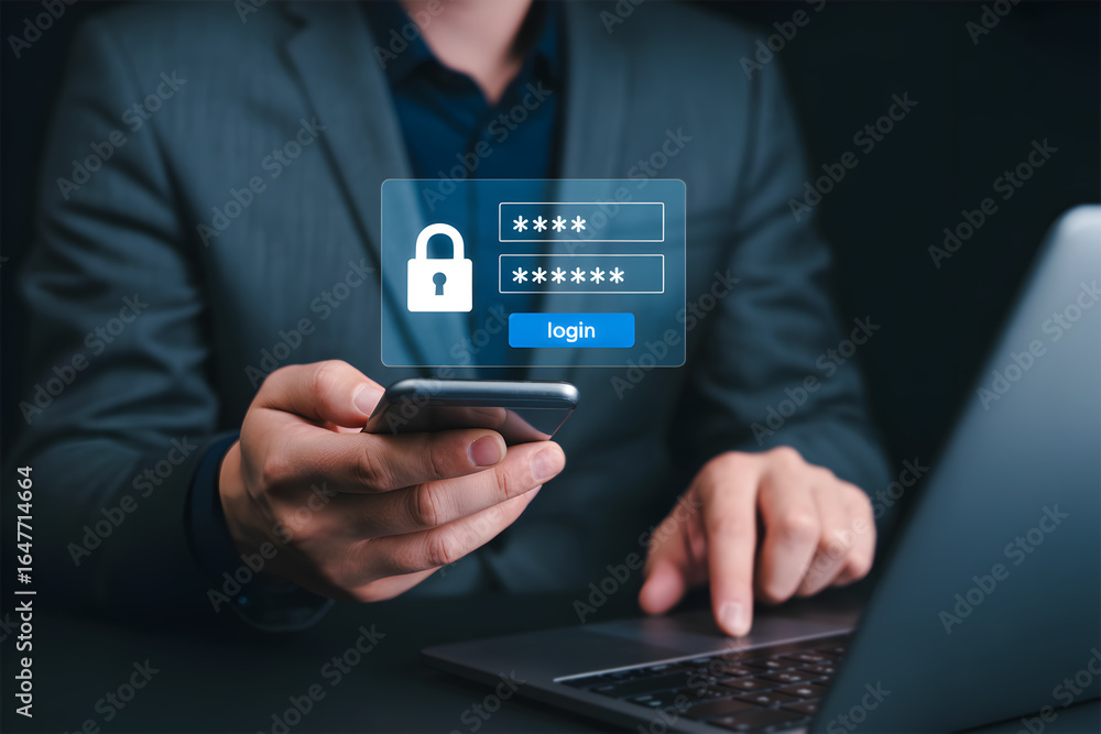 Poster secure login authentication on mobile and laptop with password protection technology