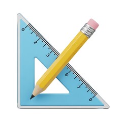 Yellow pencil resting on a blue triangle ruler, isolated on white background