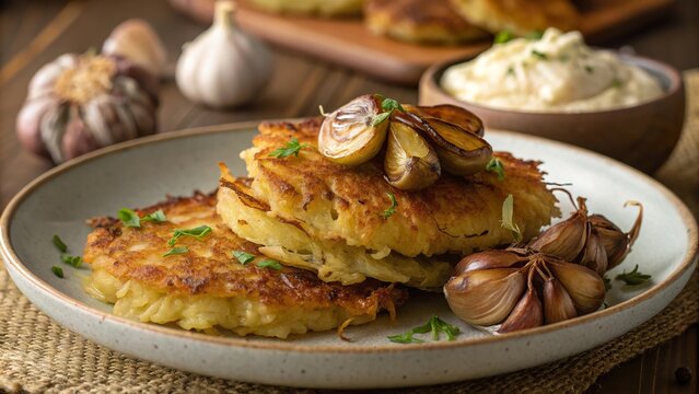 Deliciously crispy brambor ky served with roasted garlic and creamy dip on a rustic wooden table