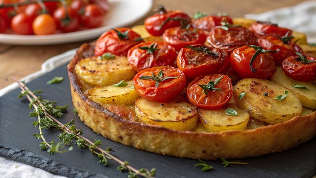 Delicious brambor ky topped with roasted tomatoes and herbs on a wooden table