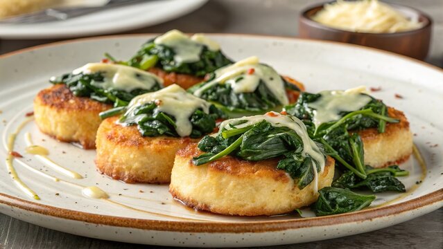 Savory brambor ky topped with fresh spinach and melted cheese on a rustic wooden table