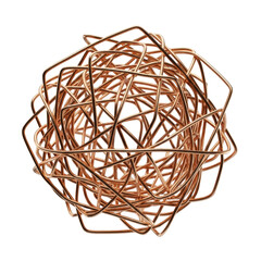 Extreme macro of an intricate copper wire tangle with sharp bends, reflective metallic sheen, and patination, isolated on a transparent background. Abstract industrial material concept