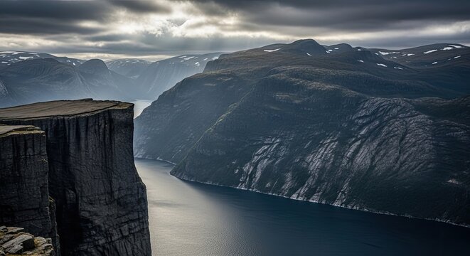Dramatic view of Preikestolen (Pulpit Rock) overlooking the majestic Lysefjord in Norway under a cloudy sky