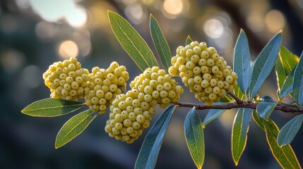 Close-up of clusters of pale yellow berries on a branch with vibrant green leaves.  Soft bokeh background