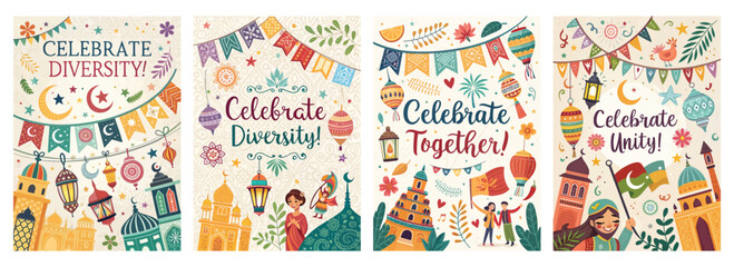 Colorful illustrations celebrating diversity, unity, and togetherness with vibrant designs and festive elements.