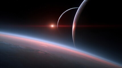 Distant planets and rings with a bright star shining in the dark expanse of space