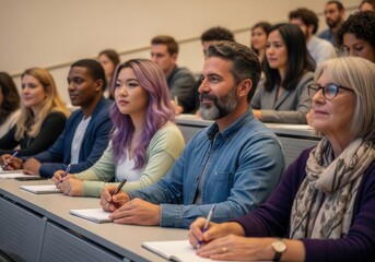 A diverse group of attentive students, including various ages and ethnicities, listens intently in a bright lecture hall, taking notes and engaged in learning.