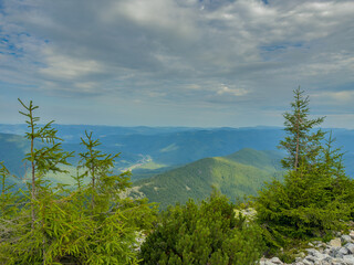 Sunny Carpathian peaks: green valleys and crystal clear skies.