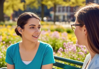 Naklejka premium A smiling young woman with a hearing aid happily converses with a friend outdoors in a sunny park, showcasing natural communication.